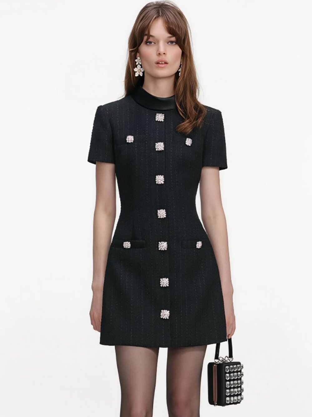 Black round-neck mini short-sleeved dress